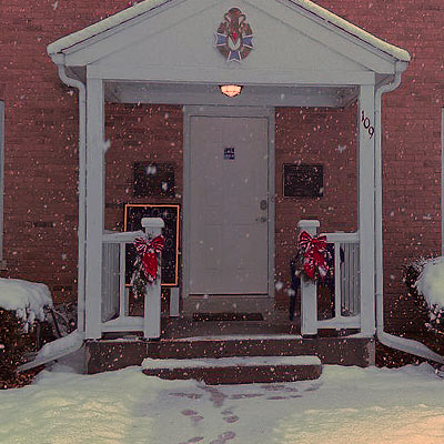 A snowy day at the front door of Vasa Archives in Bishop Hill, Il