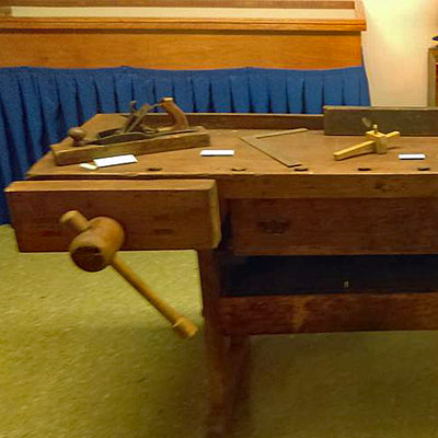 Antique work bench on display at Vasa Archives in Bishop Hill, Illinois